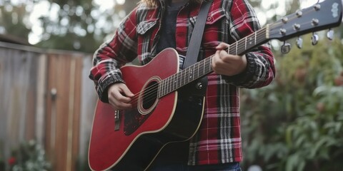 A young musician strums an acoustic guitar while standing in a lush backyard. The warm afternoon sunlight highlights the casual vibe of the gathering with friends