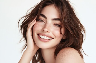 Fototapeta premium A beautiful woman with her hand on her face, perfect skin and hair, smiling at the camera