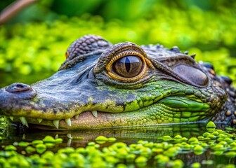 Obraz premium Alligator Head Emerging from Duckweed - Candid Wildlife Photo