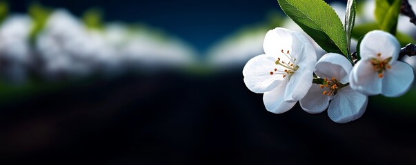 A close-up of delicate white flowers against a dark background, capturing their intricate details and vibrant green leaves.