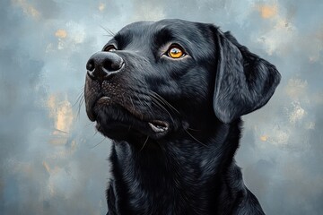 Close-up portrait of a black Labrador retriever looking up in soft pastel colors on a light blue background