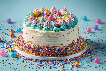 A colorful birthday cake with sprinkles, meringues, and candy decorations on a light blue background. This vibrant image symbolizes celebration, joy, and festivity for parties or special occasions.