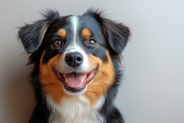 Close-up portrait of a happy smiling border collie dog with sparkling eyes and cheerful expression on white background