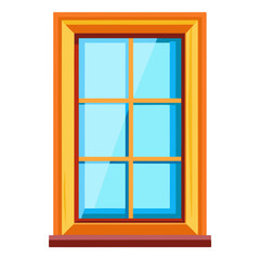 This window features a vibrant wooden frame with multiple clear glass panes. Positioned against a plain white background, it reflects light and adds charm to the space