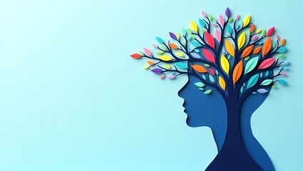 Artistic silhouette profile with vibrant multicolor tree, paper-cut layers creating depth. Symbolizes growth, imagination, and human-nature connection. Light blue backdrop, 3D effect.