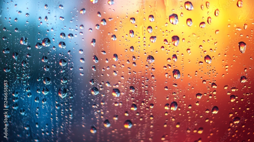 Poster Delicate water drops create a mesmerizing pattern against a background of warm oranges and cool blues, evoking a sense of tranquility and beauty in nature's artistry
