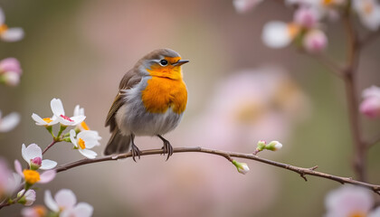 Fototapeta premium Small Orange And Grey Robin Perched On A Branch Among Delicate W