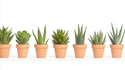 Obraz premium Succulent plants in terracotta pots arranged in row, showcasing various shapes and textures. These green plants add fresh and vibrant touch to any space