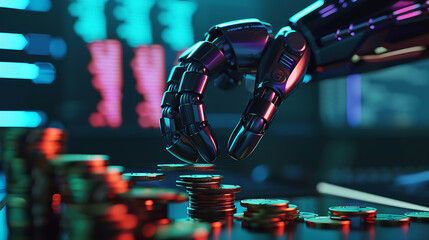 Fototapeta premium AI(Artificial Intelligence) and Financial Technology concept.Robot Hand holding stacking pile of coins and analyzing the stock market