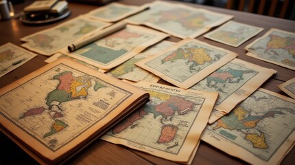 Rustic Antique Maps Displayed on a Wooden Table With Focused Lighting