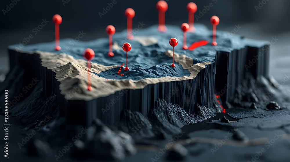 Poster 3d map visualization showcasing geographical data points in a digital environment highlighting terra
