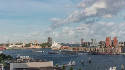 Aerial timelapse view over Maashaven with Katendrecht and Maas River. Netherlands