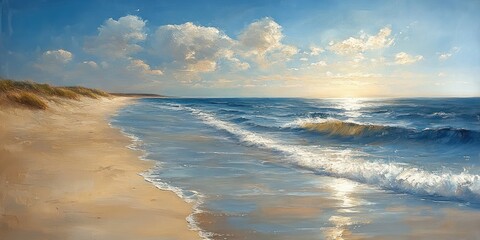 Obraz premium Serene Beach Scene with Gentle Waves Sand Textures Warm Sunlight Shadows Blue Sky Turquoise Ocean