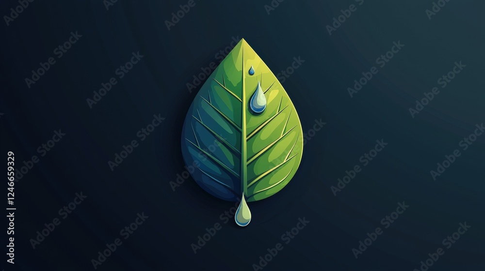 Wall mural teardrop shaped leaf icon on dark background with subtle gradient and water droplets for natural des