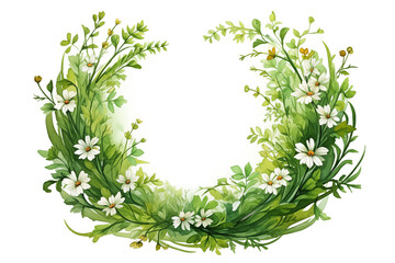 Naklejka premium Watercolor drawing of wild flowers and grass in the form of a wreath on a white background with copy space in the center. Chamomile and grass wreath concept with text space