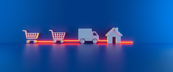 Online Shopping Home Delivery Service Minimalist Concept showing online shopping delivery concept for e-commerce, online retail, and digital shopping.