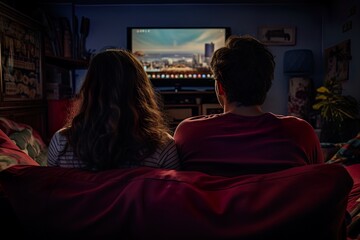 Couple watching TV together in a cozy living room at night