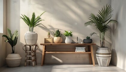 Fototapeta premium Interior of modern living room with plants in pots. 3d render
