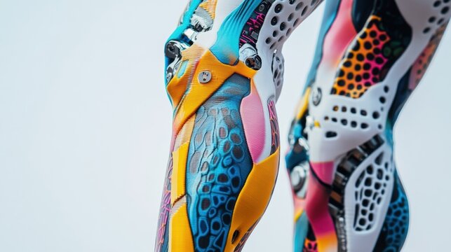 A medium closeup image of a colorful 3Dprinted prosthetic leg adorned with personalized patterns illustrating the blend of functionality and artistic expression in modern prosthetic
