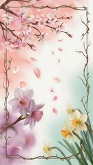 Fototapeta premium Minimal vintage spring design with softly blurred petals and delicate vines decorating the edges
