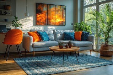 Obraz premium Cozy Scandinavian Living Room with Home Office Setup in Small Apartment