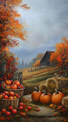 Autumn Harvest Display with Pumpkins and Haystacks at Farm  