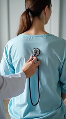 A rear view of a doctor in a white coat using a stethoscope on a patient’s back. The patient wears a hospital gown, seated upright, with the focus on the stethoscope and the doctor’s hand