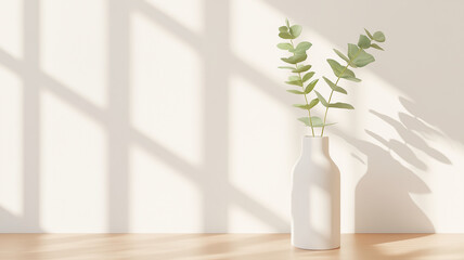 minimalist vase with green eucalyptus leaves casts soft shadows on light wall, creating serene atmosphere. natural elements enhance calm and peaceful setting