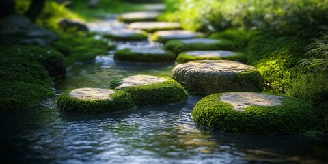 Stone path with flowing water channels in Buddhist garden, moss-covered stones, gentle stream, peaceful setting, morning light