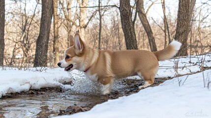 Welsh Corgi Puppy Playing in Snowy Stream Winter Forest Animal Photography Outdoor Close-Up Joyful Adventure