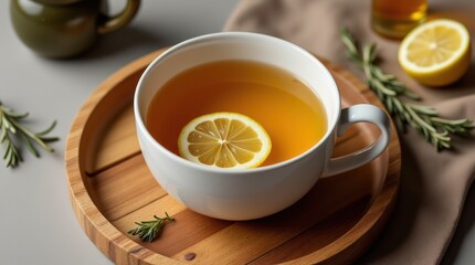 Warm Herbal Tea With Lemon Slice and Honey on a Wooden Tray With Dried Herbs