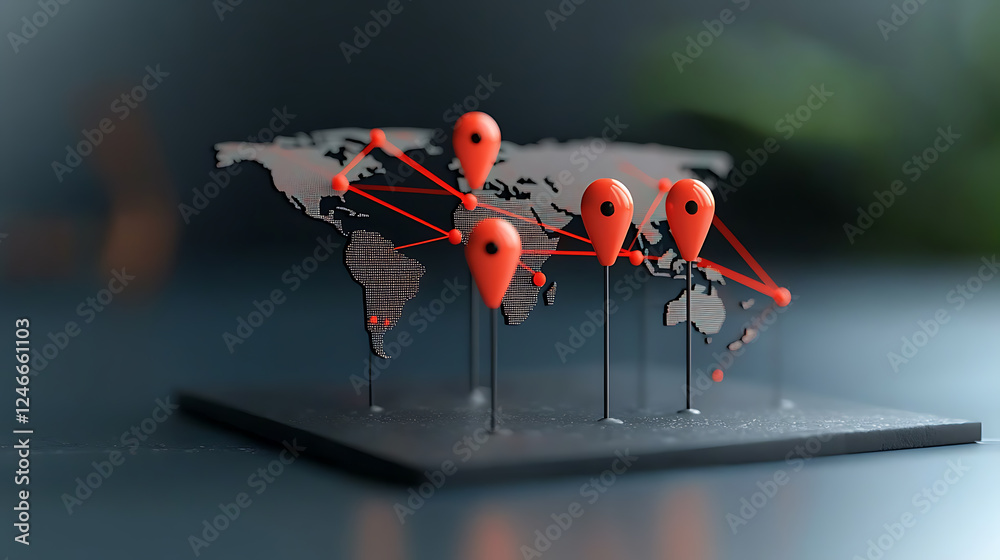 Poster Global connectivity mapping visualizing locations and data points on a world map with pin markers in a minimalist environment