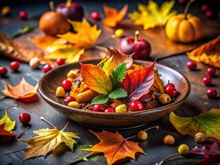 Autumn Food Photography: Dark Background with Vibrant Fall Leaves Overlay