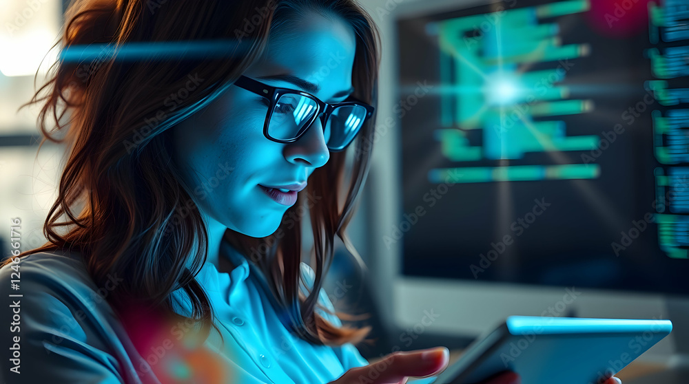 Wall mural female programmer analyzing code on tablet