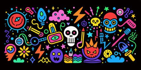 Fototapeta premium Hand drawn doodle element set, neon colored arrows, speech bubbles, stars, vector illustration