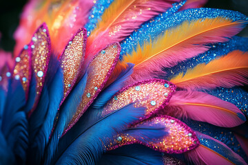 Photo de détails de plumes colorées pour costumes de carnaval, vêtement, déguisement, habit, pailletées, strass 

