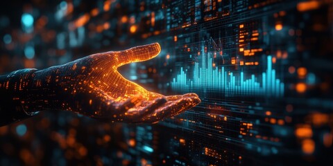 Glowing Hand Holding 3D Bar Chart Growth Success Financial Data Visualization Business Marketing Strategy