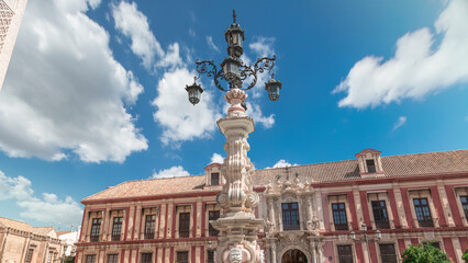 Archbishop Palace of Seville and Fuente Farola Fountain on Plaza de Virgen de los Reyes timelapse
