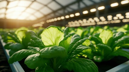 Fresh Green Lettuce Growing in Bright Greenhouse Under Natural Daylight