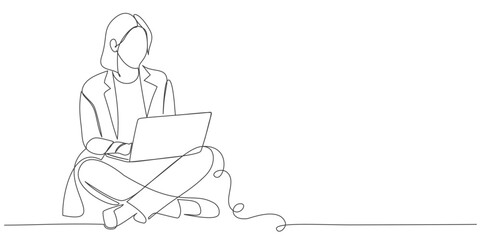 continuous single line drawing of woman using laptop computer, line art vector illustration