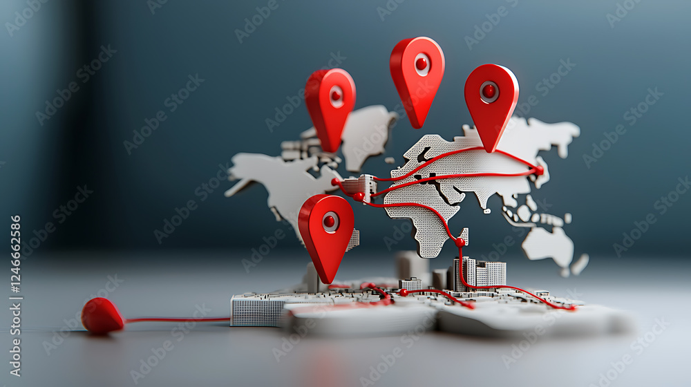 Poster strategic mapping and navigation points global connectivity 3d render modern environment close-up vi