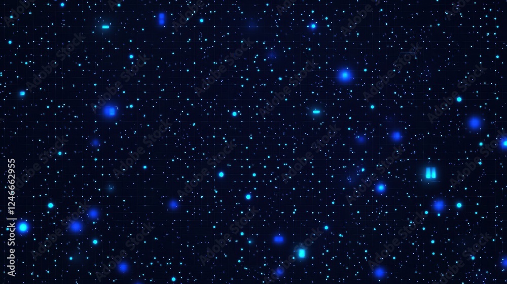 Poster blue glowing digital particles forming a cyber grid pattern on dark background