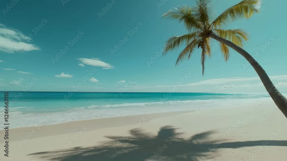 Poster gentle waves lap the shore beneath a leaning palm tree casting a long shadow on the pristine sand of