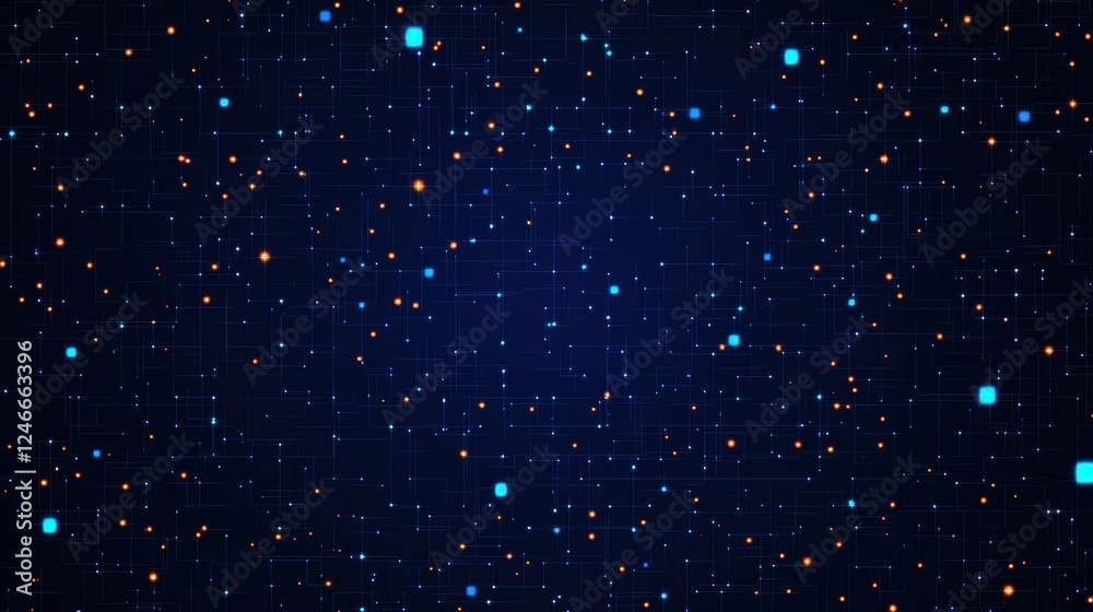 Poster Digital blue particle background with glowing square shapes creating a futuristic grid
