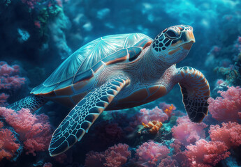Obraz premium The turtle swims in clear transparent water.