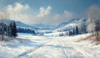 Obraz premium Serene Winter Landscape with Untouched Snow Gentle Snowfall and Frosty Trees in Impressionistic Style