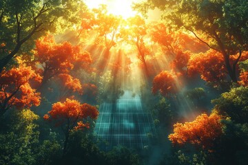 Fototapeta premium Solar Power Plant Shaped Lake in Pristine Rainforest Highlighting Eco-Friendly Renewable Energy Benefits