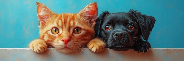 Fototapeta premium Cute Cat and Dog Peeking Over White Ledge on Pastel Blue Background