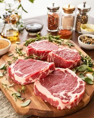 Fototapeta premium Raw Beef Steaks on Wooden Cutting Board with Herbs