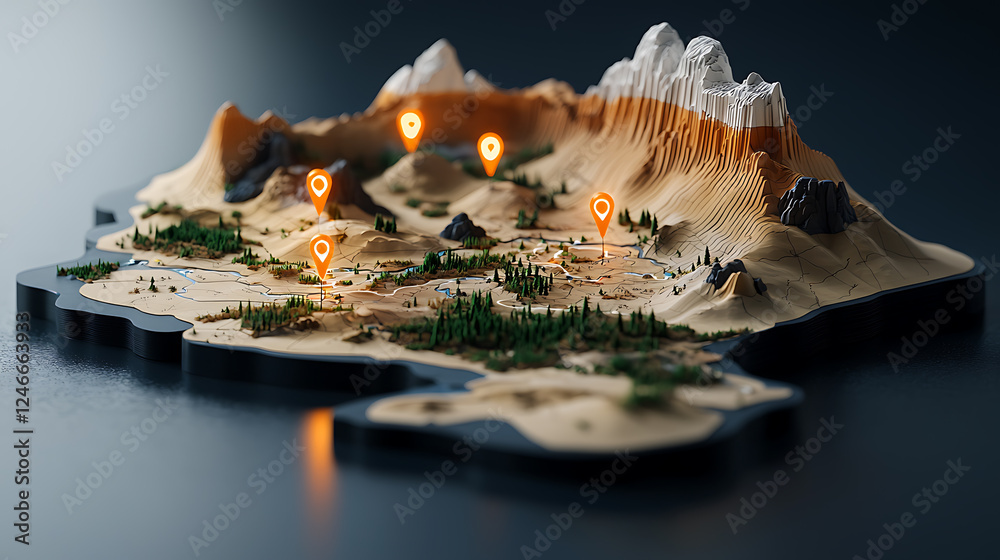 Poster 3d printed terrain map with location markers display studio physical model indoor aerial view geogra